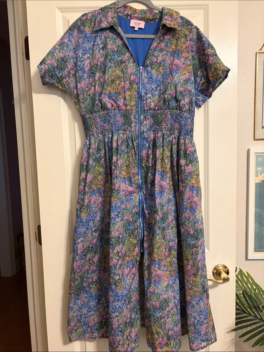 Enter Blue Floral Zip-Front Midi Dress with Shirred Waist